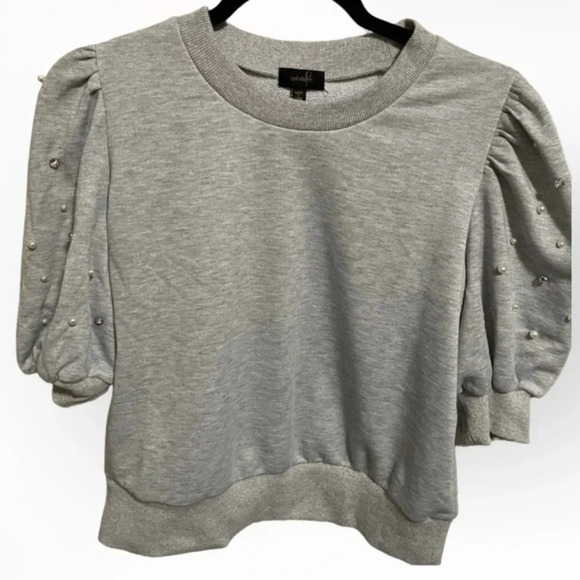 Ontwelfth gray puff sleeve with buttons short sleeve crew neck sweatshirt - Picture 1 of 3